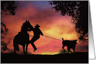 cowboy and Horse Roping a Steer in the Sunset Cool Birthday card