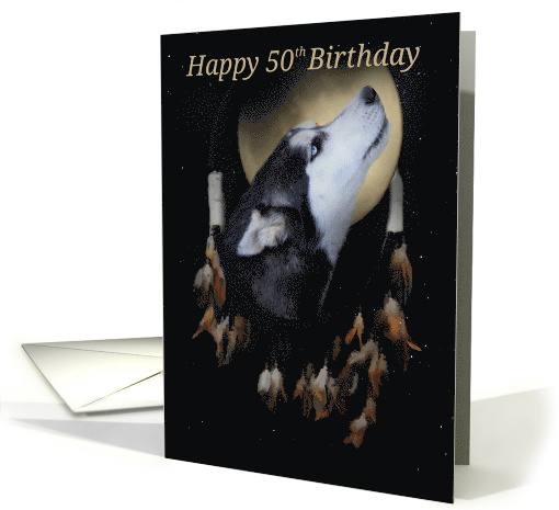 50th Birthday Dream-catcher and full moon with Siberian Husky card