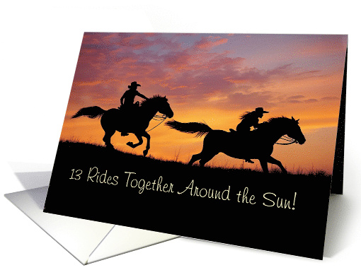 13th Anniversary Cute and Fun Horseback Riding Sunset Custom card