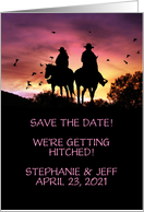 Save the date cowboy and cowgirl in the sunset card Customize card