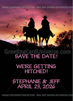 Save the date cowboy and cowgirl in the sunset card Customize