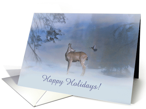 Happy Holidays Customizable Deer and Jay in the Snow card (1311412)