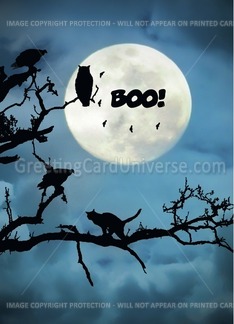Happy Halloween Boo Customizable Card with Cat, Owl, Bats and Vultures