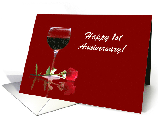 Red Wine & Rose Customizable Happy 1st Anniversary card (1347576)