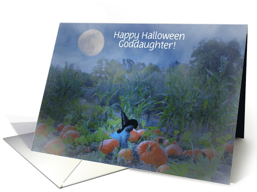 Halloween Witch Cat in Pumpkin Patch Goddaughter Customizeable card