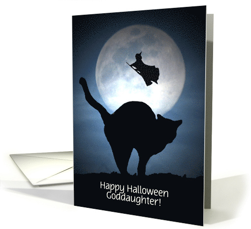 Black Cat and Witch Halloween Fun for goddaughter Customizeable card