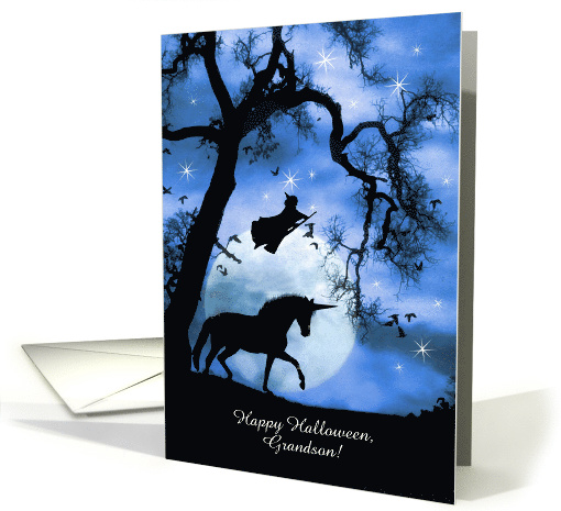 Happy Halloween Magic Witch and Unicorn Customizable Grandson card