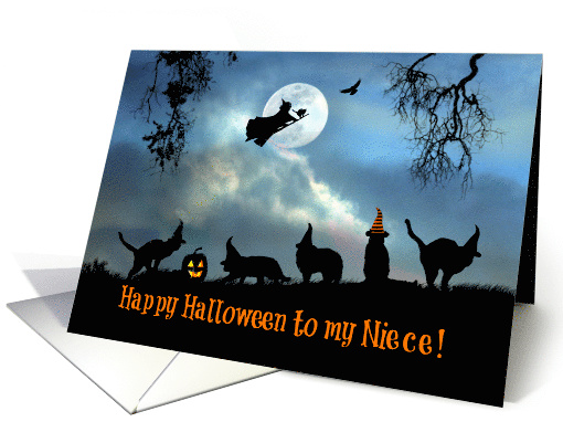 Happy Halloween To Niece Fun Witch and Black Cats in Hats card