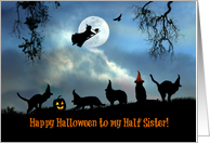 Happy Halloween To Half Sister Fun Witch and Black Cats in Hats card