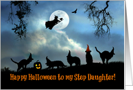 Happy Halloween To Step Daughter Fun Witch and Black Cats in Hats card