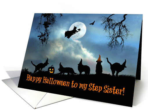 Happy Halloween To Step Sister Fun Witch and Black Cats in Hats card