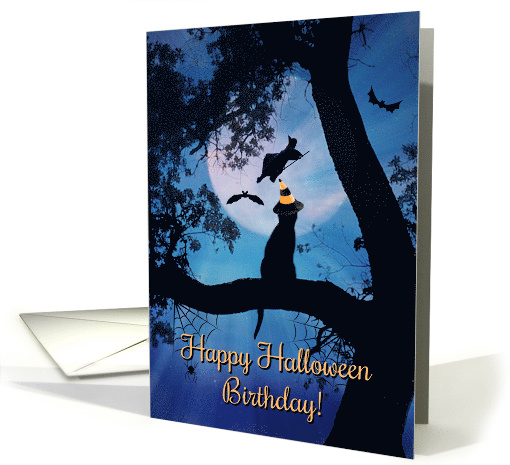 Happy Halloween Birthday Black Cat and Witch Cute Greeting card