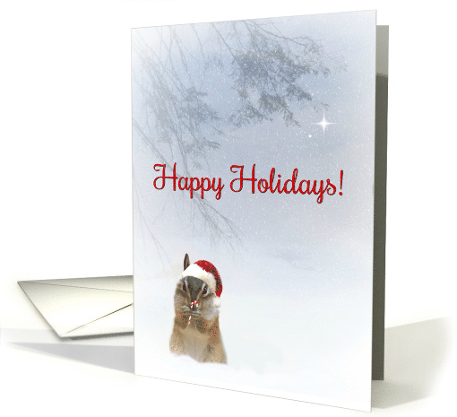 Cute Chipmunk Happy Holidays Candy Cane and Santa Hat card (1437852)