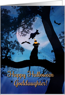Happy Halloween Cat, Witch, Bats and Spiders For Goddaughter card