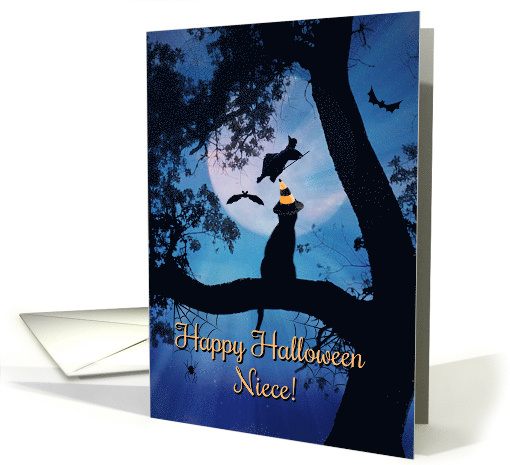 Happy Halloween Cat, Witch, Bats and Spiders For Neice card (1448572)