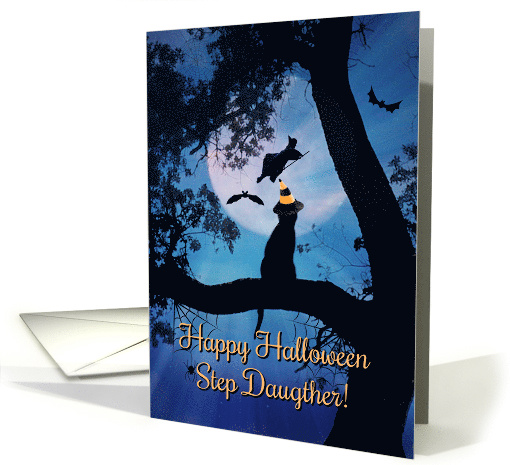 Happy Halloween Cat, Witch, Bats and Spiders For Step Daughter card