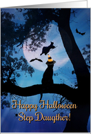 Happy Halloween Cat, Witch, Bats and Spiders For Step Daughter card