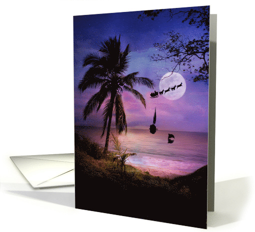 Hawaiian Merry Christmas Palm Tree Sailboat, Dolphin and Santa card