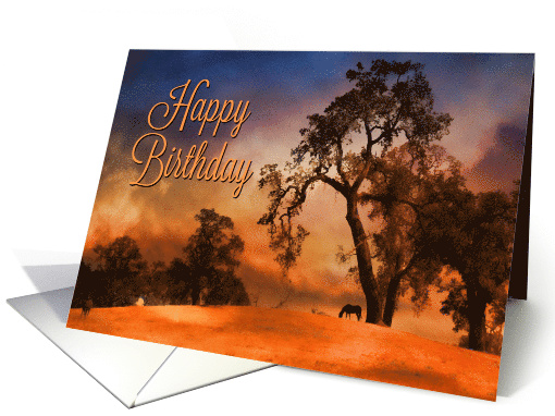 Happy Birthday Horses Grazing with Oak Trees and Pretty Colors card