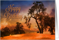 Happy Birthday Horses Grazing with Oak Trees and Pretty Colors card