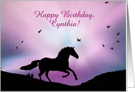 Custom Happy Birthday Name Specific Horse Running and Birds Purple Sky card