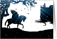 Pegasus Unicorn Castle Stars Fantasy Modern Minimalist Happy Birthday card