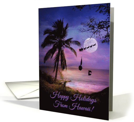 Tropical Beach Sailing Ship Happy Holidays from Hawaii with Palm card