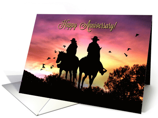 Country Western Rustic Happy Anniversary with Cowgirl and Cowboy card