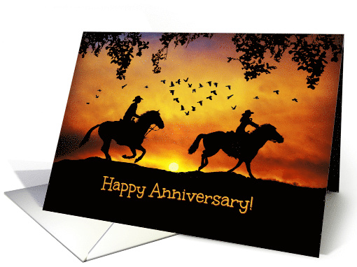 Country Western Rustic Happy Anniversary with Cowgirl and Cowboy card