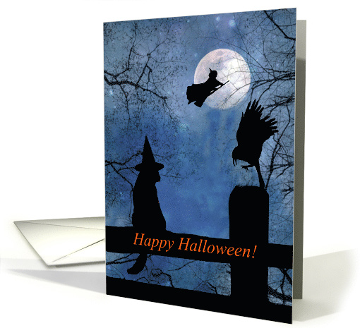 Happy Halloween Cat and Witch with Full Moon Fun card (1485302)