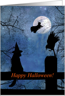 Happy Halloween Cat and Witch with Full Moon Fun card