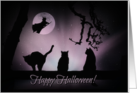 Happy Halloween Black Cats on a Fence with Witch and Moon Fantasy Fun card