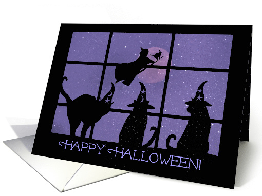 Happy Halloween 3 Cats and A Witch with Moon card (1490516)