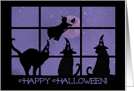Happy Halloween 3 Cats and A Witch with Moon card