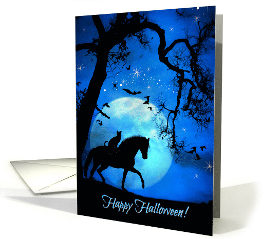 Horse and Cat Full Moon Cute Happy Halloween card (1490548)