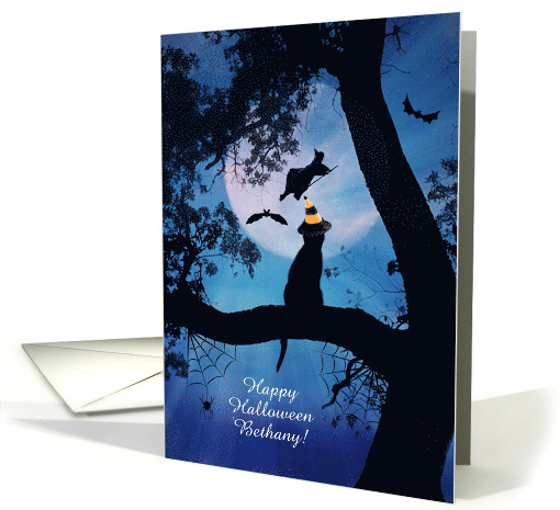 Cute Happy Halloween Custom Name Cat and Witch card (1494814)