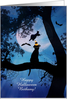 Cute Happy Halloween Custom Name Cat and Witch card