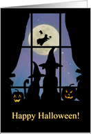 Cute Happy Halloween From Our House to Yours Cat and Dog Window Witch card