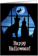 Cute Dog and Cat in Window Bewitching Night card