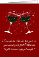 Wine Glasses Toasting Snow Celebrate 1st Christmas as Engaged Couple card