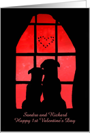Customizable Cute Dogs in Window 1st Valentine’s Day card