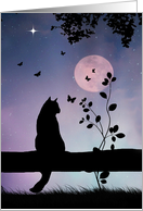 Whimsical Cat and Butterfly Thinking of You, Cute Full Moon and Star card