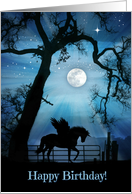 Beautiful Pegasus Unicorn and Moon Mystical Magical Happy Birthday Car card