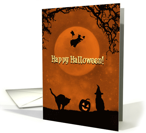 Super Cute Happy Halloween with Witch and Cats Raven and Pumpkin card
