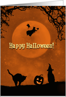 Super Cute Happy Halloween with Witch and Cats Raven and Pumpkin card