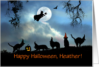 Super Cute Custom Name Halloween Card with Witch, Cats Pumpkin & More card