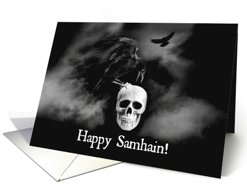 Happy Samhain Ravens or Crows and Skull, Pagan Halloween, Wicca card