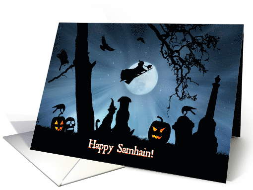 Cute Dog and Cat Happy Samhain Ravens and Skull, Pagan Wicca card