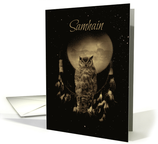 Owl and Native American Dream Catch Samhain Greetings card (1545032)