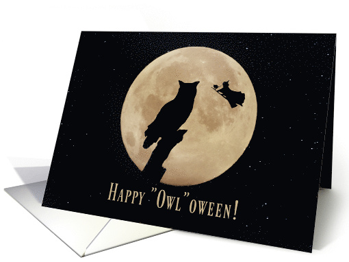 Cute Owl Witch and Cat with Moon Happy Halloween card (1564170)